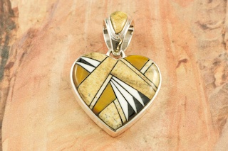 Genuine Picture Jasper, Black Jade and Magnesite inlaid in Sterling Silver Pendant.  Free 18" Sterling Silver Chain with Purchase of Pendant. Beautiful Pendant Designed by Navajo Artist Calvin Begay. Signed.